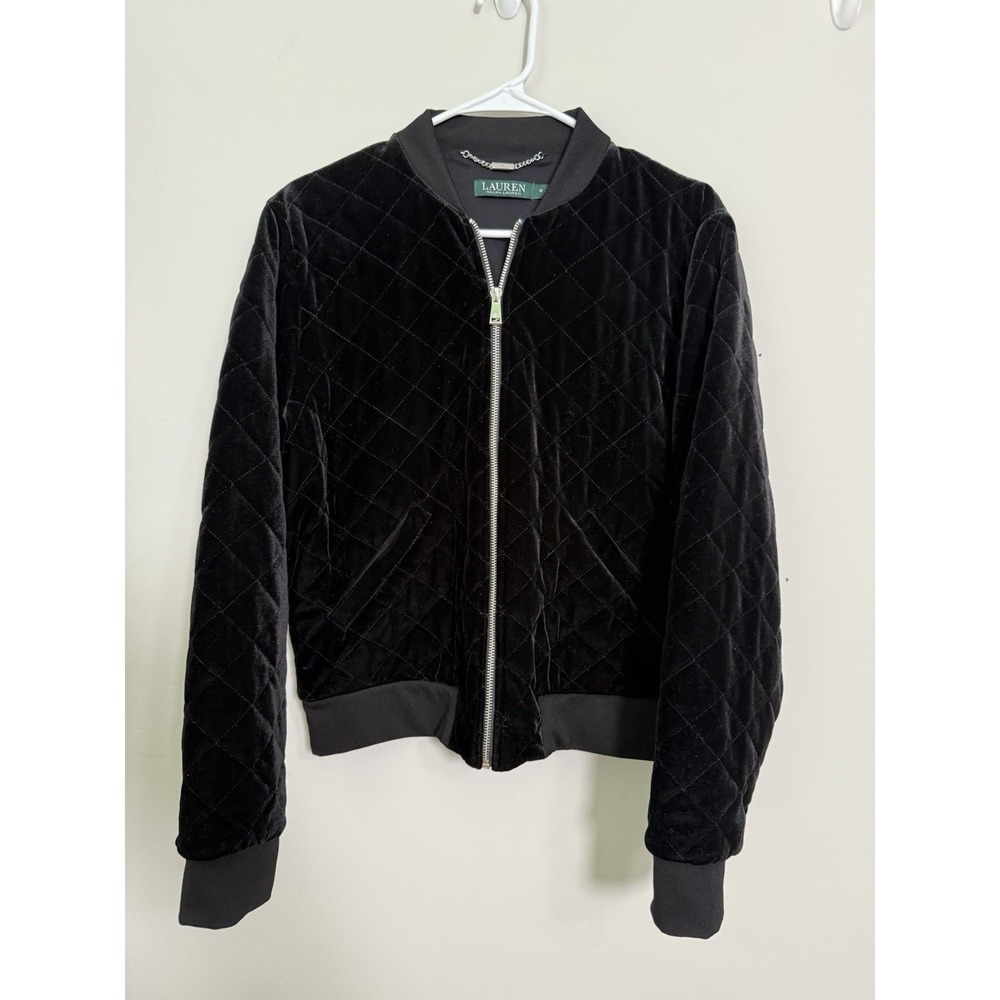 Ralph Lauren Quilted Velvet Black Bomber Jacket Zip Women's Sz M Luxury Money